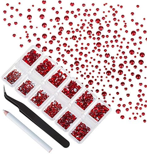 4200 Pieces Flat Back Red Nail Art Rhinestones for Nail Art Decorations, Round Crystal Gems Stickers for Clothes and Craft, 1.5 mm - 4.8 mm, 6 Sizes