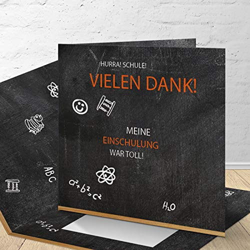 8 Danksagungskarten zur Einschulung mit passenden Umschlägen, Danksagungskarten zur Einschulung im Set zu 8 Stk. Tafel Design