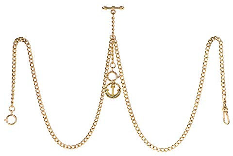 TREEWETO Herren Doppel Albert Kette Taschenuhr Panzer Link Schlüsselanhänger 3 Haken mit antikem Anker Anhänger Design Charm Fob T Bar, Gold