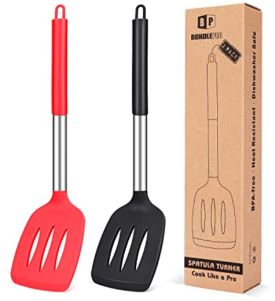 BUNDLEPRO 2er Set Silikon Pfannenwender, Hoch Hitzebeständigem Antihaft Küchen Turner, BPA-freie Geschlitzten Spateln für Fisch,Eier,Pfannkuchen