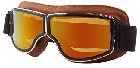 Ashilun Retro Pilot Motorradbrille beschlagfrei Warm Reitbrille ATV Bike Motocross Brille Schutzbrille (Brauner Rahmen + Rote Linse)