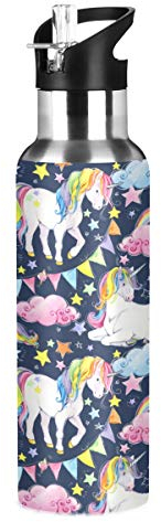 Stainless Steel Water Bottle with Straw, Cute Unicorn Insulated Drink Flask Sports Water Bottle for Kids Adults, Leakproof, 600ml
