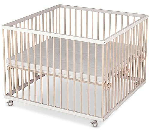Sämann Laufstall Baby 100x100 cm mit Matratze | TÜV geprüft 2023 | stufenlos höhenverstellbar | Laufgitter Premium | Babybett aus Holz | Krabbelgitter weiß/natur