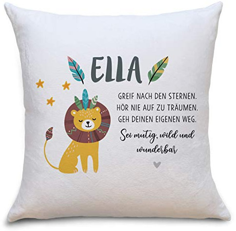 OWLBOOK Löwe Boho Flauschige Kissenhülle mit Spruch Personalisiert mit Namen Geschenke Geschenkideen zur Einschulung für Mädchen oder Jungen zum Geburtstag