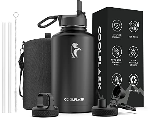 Wasserflasche isoliert 1.8 l mit Strohhalm & 3 Deckel, Coolflask großer Metall Edelstahl Wasserkrug große halbe Gallone breite Öffnung für Sport, hält kalt 48H heiß 24H, magisches Schwarz