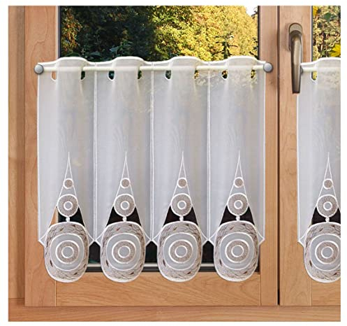 Moderne Scheibengardine Circle in weiß-braun aus echter Plauener Spitze bestickter Scheibenhänger Panneau 45 x 64 cm