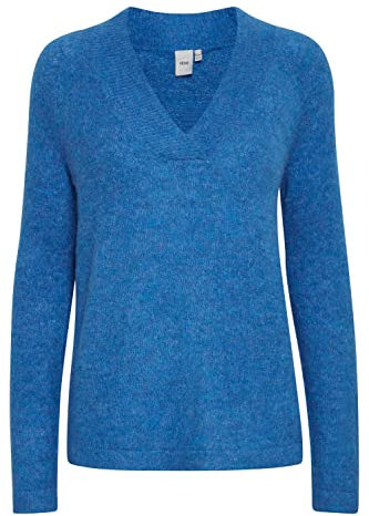 ICHI IHKAMARA V LS Damen Strickpullover Feinstrick Pullover Strickpullover mit V-Ausschnitt Slim-Fit, Größe:L, Farbe:French Blue (184140)
