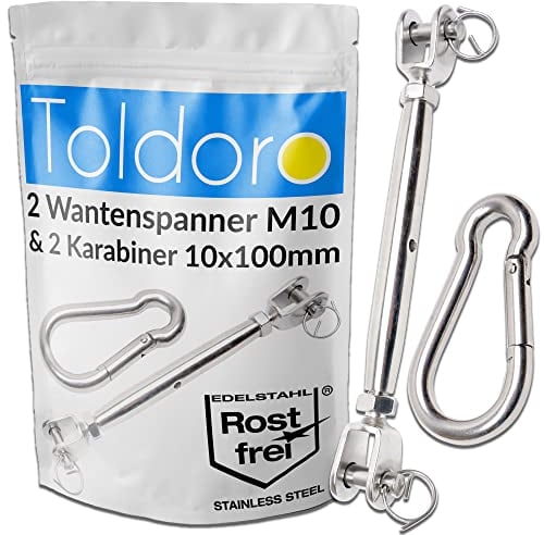 Toldoro® 2X Sonnensegel Spanner/Wantenspanner Edelstahl/rostfreie Sonnensegel Befestigung / 2X Seilspanner Sonnensegel M10 & 2 Karabiner 100mm / Befestigung für Sonnensegel, Abdeckplane oder Tarp