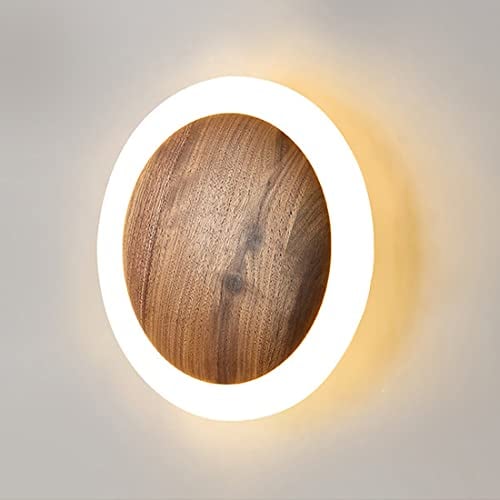 LANMOU 3000K LED Wandleuchte Runde Schwarz Walnuss Holz Innen Wandlampe Schlafzimmer Wandleuchten Modern Nachttischlampe Up Down Wohnzimmer Wandbeleuchtung Dekoration Flurlampe für Korridor (25CM/12W)