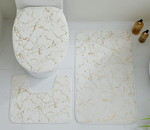 JOSGACRS White and Gold Bath Mat Rug Non-Slip 3 Piece Set Marble Toilet Seat Cover Bath Mats Lid Cover Bath rug Contour Mat Family Home Decor