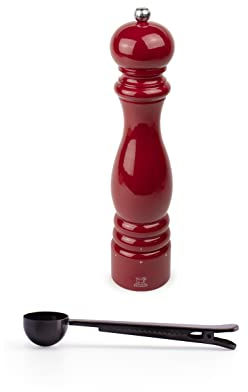 Peugeot Paris u'Select 12-inch Pepper Mill Gift Set, Passion Red - With Stainless Steel Spice Scoop/Bag Clip (Pepper Mill w/ Scoop)