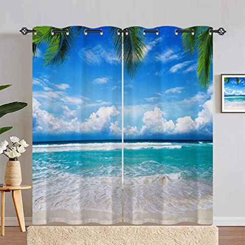 ANHOPE Tropisch Ozean Strand Palmen Blickdichte Gardinen mit Ösen Thermo Vorhänge Weich Vorhang Blackout Curtain Wohnzimmer Schlafzimmer Verdunklungsvorhänge 2er Set H 183 x B 117 cm