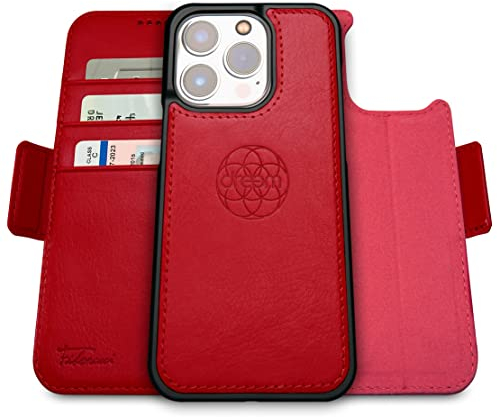 dreem Fibonacci wallet case compatible with iPhone 14 Pro Max / 2-in-1 shockproof case and detachable vegan leather folio, MagSafe compatible, RFID protection [Red]
