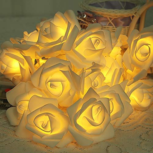 Mobxpar 3m 20er LED Rosen Lichterkette | innen batteriebetrieben | LED Künstliche Rosen Lichterketten | Rose Fairy Lights | 20 Blumen Rosengirlande | Romantische Deko für Zimmer (Warmweiß)