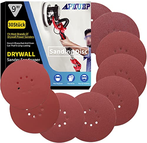 ALPXUXP Schleifpapier 225mm Klett 8-Loch Schleifscheibe für Trockenbauschleifer ​Schleifgiraffe Rund Schleifpapier- je5x P40 P60 P80 P120 P150 P240 Mischkorn(30 Stück)