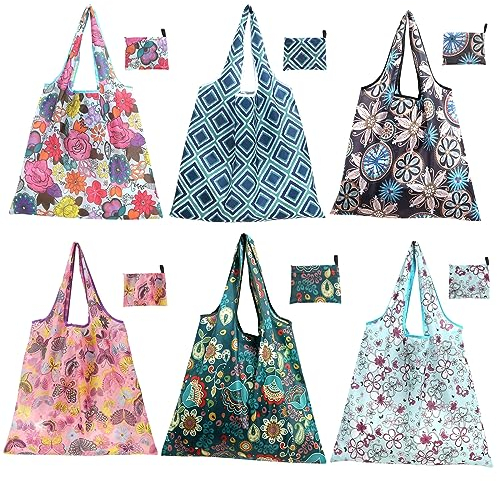 6 Pezzi Shopping Tote Bag Borsa, Sacchetti Pieghevoli, Shopping Bag Riutilizzabile, Facili da Lavare, Elegante Stile vintage per Luso Quotidiano, Viaggio, Take Out, Storage
