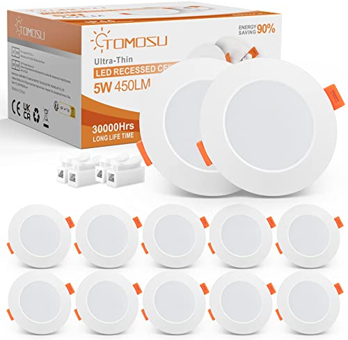 Tomosu LED Einbaustrahler 230V Flach, LED Spot 5W 450LM, IP44 Einbauleuchten für das Bad, Warmweiß 2700K, Ø75-90mm Lochdurchmesser, Deckenspots für Wohnzimmer Küche Schlafzimmer, 10er Set