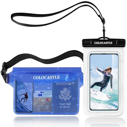 COLOCASTLE wasserdichte Tasche und Wasserdicht Handyhülle für Wassersport | Wasserfeste Beutel Bauchtasche Dry Bag, verstellbarer Hüftgurt, PVC, Touchscreen, IP68 für Strand, Schwimmen, Boot, Fahren
