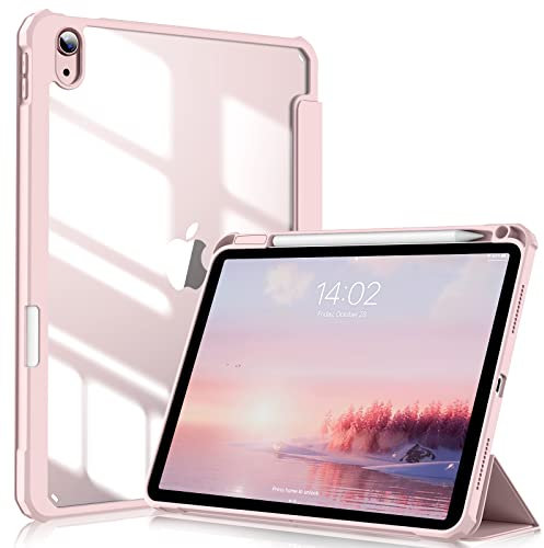 ZOYU Case for iPad Air 11 Inch M3 (2025) / M2 (2024), iPad Air 5th/4th Generation 10.9 Inch (2022/2020) with Pencil Holder, Slim Stand Smart Cover with Clear Back Shell, Auto Sleep/Wake, Pink