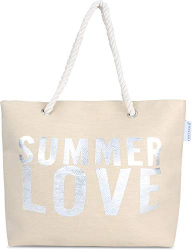 normani Strandtasche Schultertasche Handtasche Umhängetasche mit Sommer Design und großem Volumen Farbe Summer Love Beige