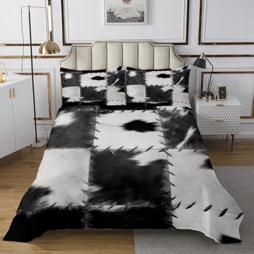 Rindsleder-Tagesdecke, Queen, Patchwork-Kuhfell-Druck, gesteppt für Erwachsene, Frauen, Männer, Teenager, Western-Heimdekoration, Bettbezug-Set, Cowboy, Bauernhaus, Tagesdecke, gesteppt, Grau / Weiß