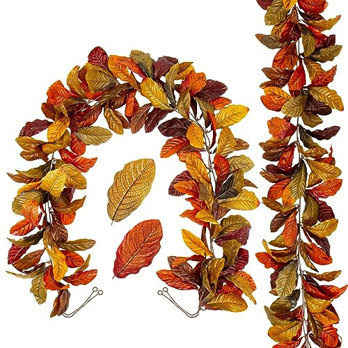 2er-Set Künstliche Magnolienblatt Herbstgirlande Ahornblatt Herbstlaub Thanksgiving Heimdekoration Indoor Outdoor Dekoration für Hausgarten Hochzeit Kamin Party, Erntedankfest, Autumn Decor, 167cm