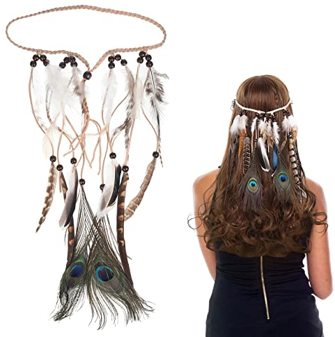 Indianer Kostüm Damen Hippie Boho Haarband Haarschmuck Hippie Kostüm Indianer Stirnband Damen StirnbäNder Pfau Haarschmuck Indianer Stirnband Federn Boho für Frauen Karneval Festival (Typ 1)