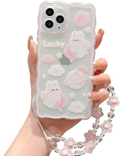 ZSYTZL Compatible with iPhone 11 Pro Max Case Cute Cartoon Peach Rabbit Pattern with Cute Chain Design for Women Girls Kawaii Slim Soft TPU Transparent Case for iPhone 11 Pro Max-Peach Rabbit