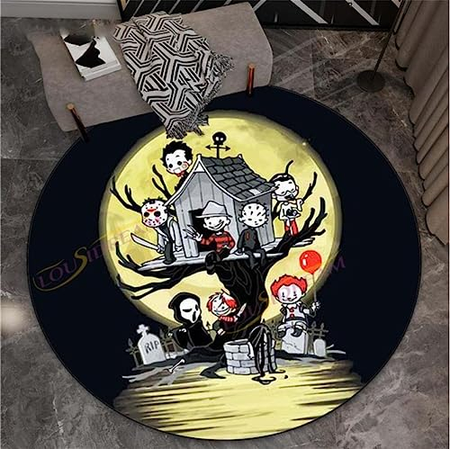 CKSEKD Horror Characters Round Mat Michael Myers Freddy Round Carpets for Living Room Bedroom Halloween Horror Gift 60cm