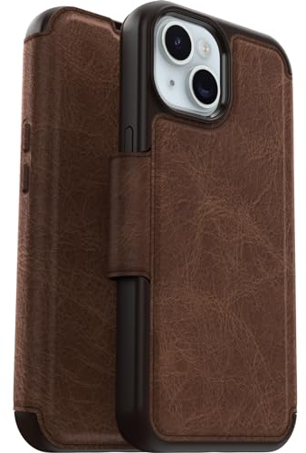 OtterBox Strada Case for iPhone 15 for MagSafe, Shockproof, Drop proof, Premium Leather Protective Folio with Two Card Holders, 3x Tested to Military Standard, Brown
