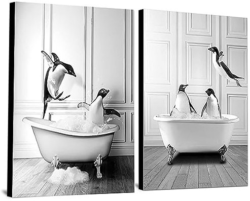 QPLGTU Badezimmer Haus Hintergrund Wanddekoration Poster, Schwarz und weiß Hochland Vieh Tier Dekoration Fotos Tapete, lustige Tier Druck Poster, Rahmenlos (Pinguin, 40x60cm*2)