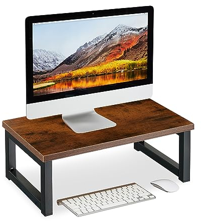 Relaxdays Supporto per Monitor, Alza Schermo PC per Scrivania, HxLxP: 15 x 40 x 23 cm, Design Industriale, Marrone Nero, Acciaio