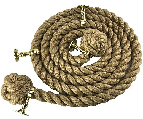 30mm Natural Jute Bannister Handrail Rope x 12 Foot 4 Polished Brass Brackets - RopeServices UK