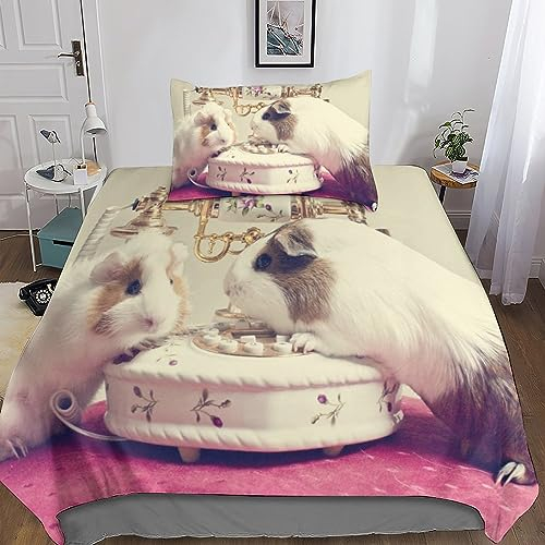 Entemah Meerschweinchen Bettwäsche Set Tier 3D Druck Bettbezug Set Für Kinder Jungen Mädchen Weich Atmungsaktiv Microfaser Mit Reißverschluss Und Kissenbezug 2 Teilig Sets Single(135x200cm)