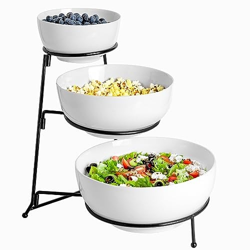 XINLTC Weiße Etagere 3 Etagen - Obstschale Etagere aus Keramik mit Metallständer - Etagere Torten, Süßigkeiten, Chips & Desserts - Ideal für Geburtstagsfeiern und Hochzeiten