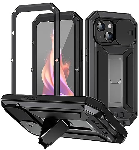 Amulent Case for iPhone 15 Metal Case Black Lens Protection Kickstand Cases Heavy Duty Shockproof Gorilla Protective Cover with Built-in Screen Camera Protector Phone Cover for iPhone 15