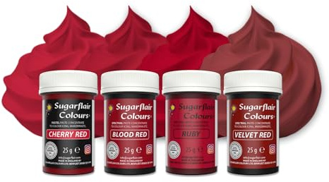 Sugarflair Paste Colour Lebensmittelfarben, Red, Set/4 | Hochkonzentrierte Farbpaste für Fondant, Marzipan und Modellierpaste, Farbintensität Aufbaubar