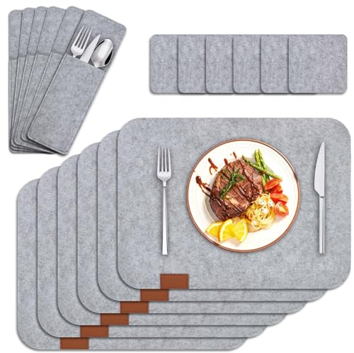 18 er Set Tischset Platzset, 41x30cm Eckige Platzdeckchen, Abwaschbar Platzsets aus Filz, Placemat mit Glasuntersetzer und Bestecktaschen, Hitzebeständig Tischsets für Küche, Speisetisch (Grau)