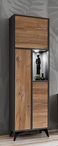 Komodee , Vitrine Schrank Orvieto, Eiche/Anthrazit, Breite 51 cm x Höhe 187 cm x Tiefe 40 cm, LED, für Wohnzimmer, Schlafzimmer