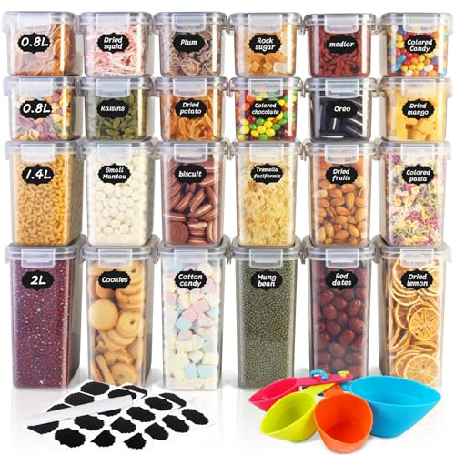 Cinnani Boite de Rangement Cuisine, Lot de 24 Bocaux Hermetiques Alimentaires en Plastique Scellée avec Couvercle, Sans BPA, pour Céréales,Pâtes,Farine,Sucre etc, avec étiquette, Cuillère Doseuse