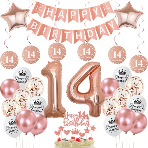 deko 14. geburtstag mädchen,rosegold luftballon 14. geburtstag deko mädchen,Rosegold Tortendeko 14. geburtstag deko Happy 14th Birthday girlande banner geburtstagsdeko 14 jahre mädchen ballon