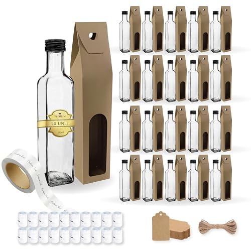 Espirito Rebelde 20 Botellas de Cristal 250ml con Tapón de Rosca Negro + 20 Cajas + 20 Sellos + 20 Etiquetas Personalizadas + 20 Etiquetas Kraft + Cuerda - Aceite de Oliva, Vinagre, Alcohol