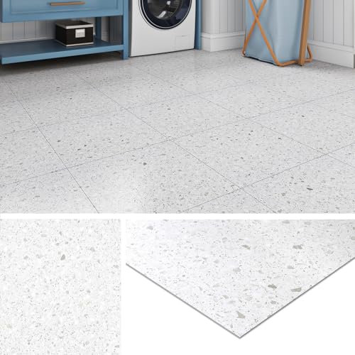 Livelynine Self Adhesive Floor Tile Marble Peel and Stick Floor Tiles Bathroom Terrazzo Grey 30x30 Waterproof Vinyl Flooring Tiles Kitchen Stick on Flooring Tile for Hallway Bedroom Living Room, 4 PCS