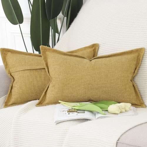 Madizz 2er Set Polyester Leinen Kissenbezügen mit breiter Kante Weiche dekorative Kissenbezüge für Sofa Schlafzimmer Kissenhülle Senfgelb 30x50 cm Rechteckig