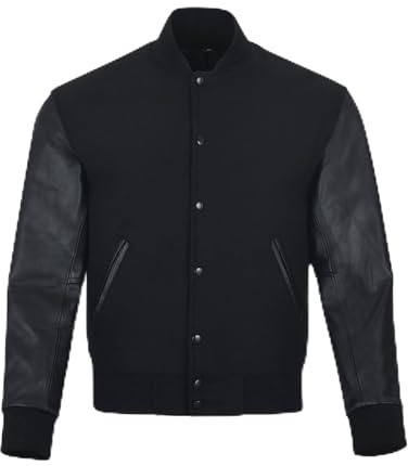warrior gears Herren-Unijacken mit Wollkörper und Lederärmeln, klassische Retro-Letterman-Motorrad-Bomberjacke im Streifenstil, Wollkörper und Lederärmel, Ganz schwarz - 7XL