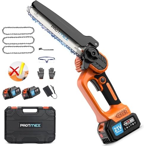 Protmex Mini-Akku-Kettensäge 6 Zoll, kein Öl erforderlich, elektrische Kettensäge mit Sicherheitsverriegelung und Manganstahlkette, handgeführte Akku-Kettensäge für Äste, Hof, Zuhause