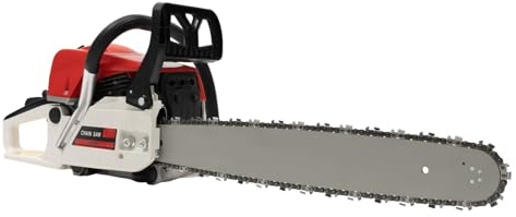 Motosierra de gasolina de 52 cc, motor de 2 tiempos, enfriado por aire, set de sierra de cadena de un solo cilindro, 7500 rpm, autoajustable con espada y cadena de calidad