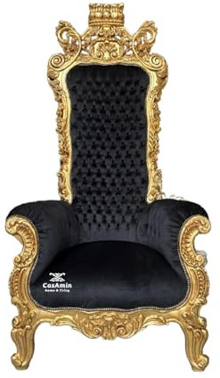 CasAmin Home & Living Riesiger Sessel mit Goldener Krone Königsthron Getufteter Schwarzer Samtthron im Barockstil mit Goldfinish für Kommerzielles Dekor als Party- und Eventdekor