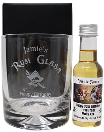 Engraved Rum Design Dimple Glass Tumbler & Personalised Miniature Bottle of Spiced Rum Gift Set For 30th & 40th Birthday (Cardboard Gift Box, Pirate Rum) 35% vol