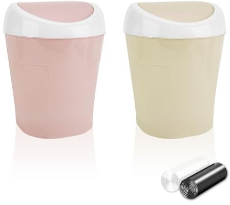 TIE-DailyNec Mini Waste Bin, Desktop Trash Can with Lid, Plastic Table Waste Bin, Small Swing Bin for Bathrooms, Offices, Studies, Dressers and Bedrooms (Pink, Beige)